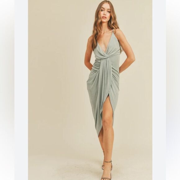 Mable Sage Green Strappy Ruched Midi‎ Dress Small Crisscross Draped Front